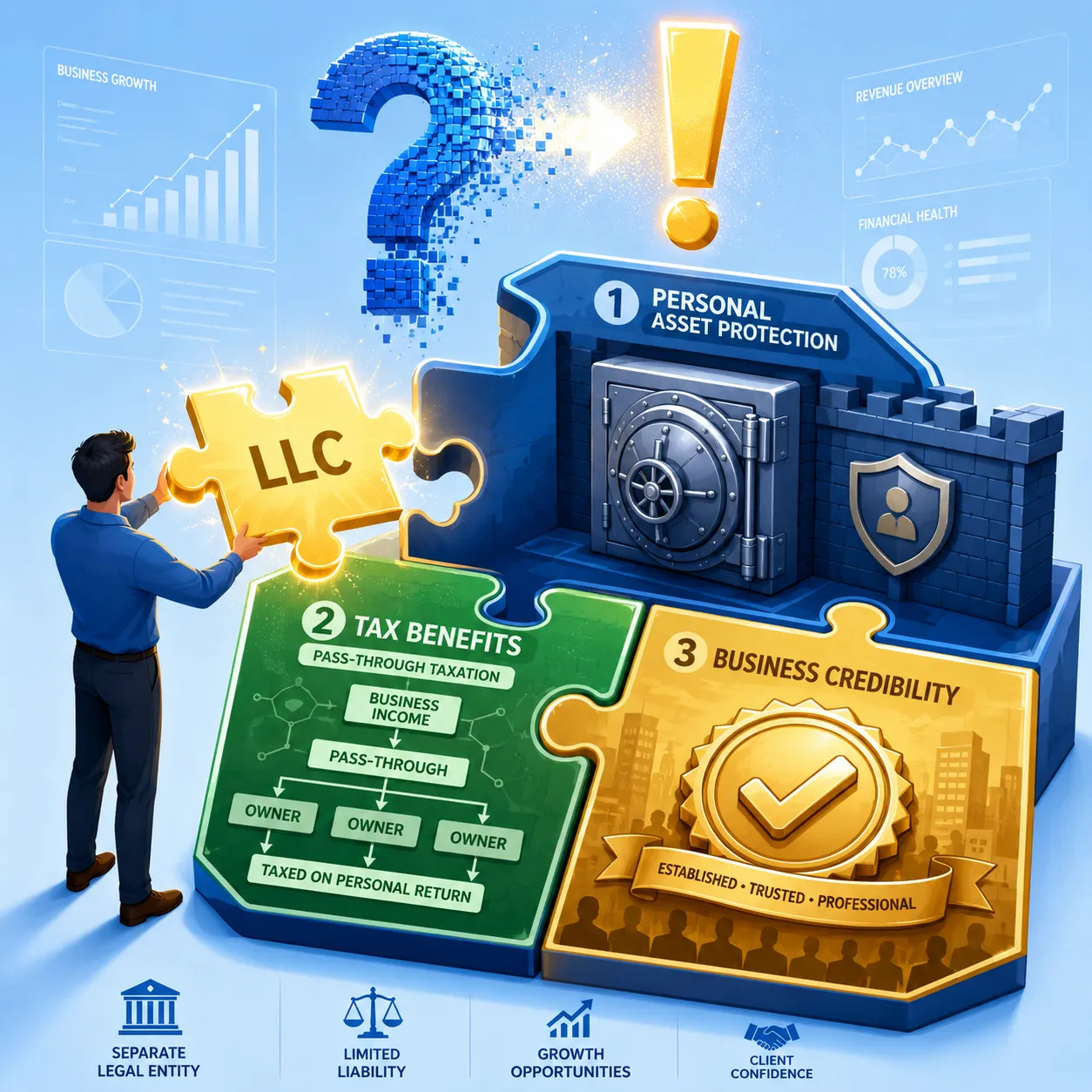 Illustration showing an LLC shielding a business owner's personal assets from business liability
