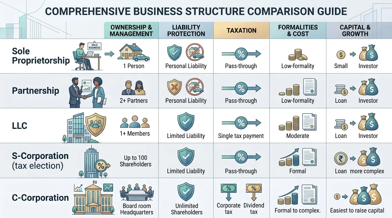 Business structure comparison: sole proprietorship, partnership, LLC, S-Corp, C-Corp