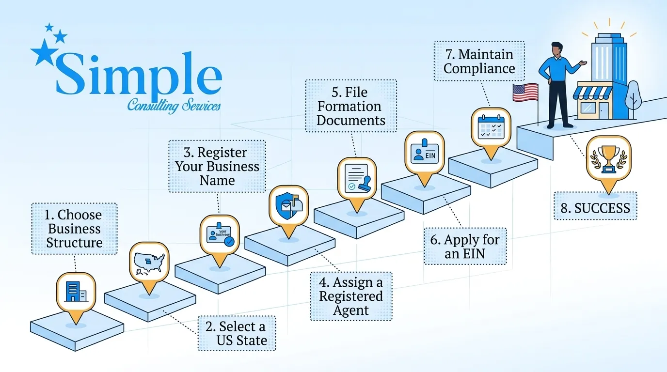 7 steps to start a business in the USA: choose a structure, choose a state, choose a name, appoint a registered agent, file formation documents, apply for an EIN, and understand ongoing requirements